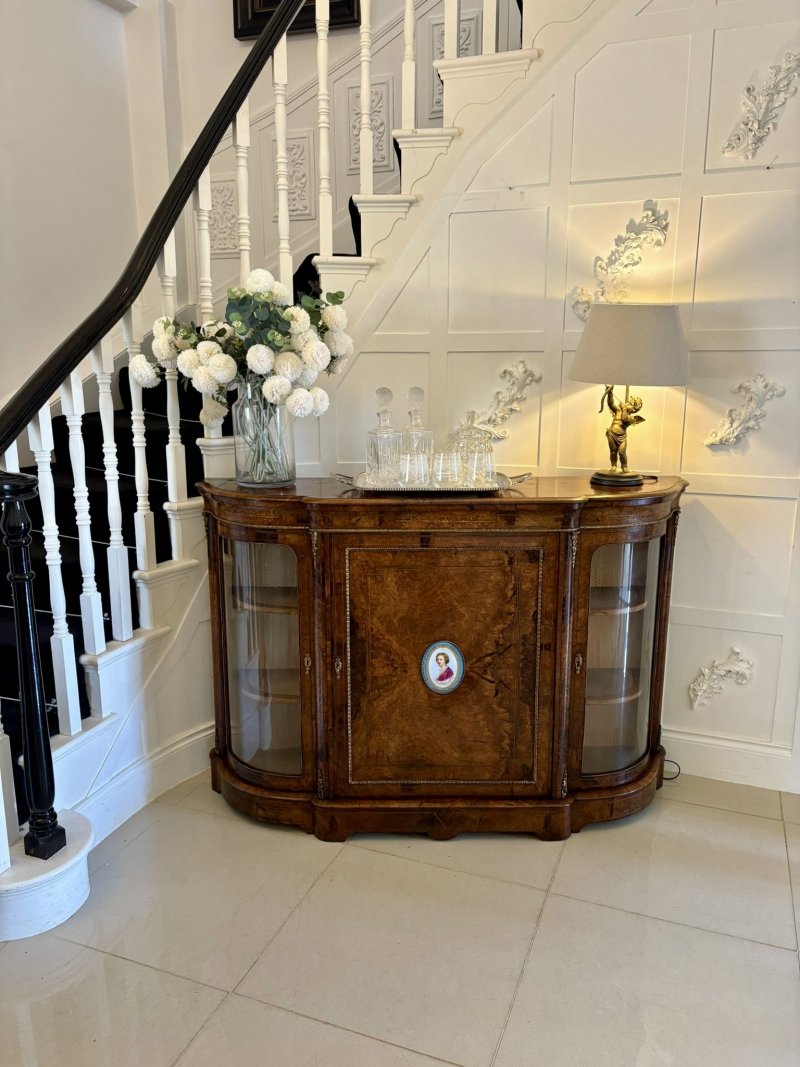 Outstanding Quality Antique Victorian Inlaid Burr Walnut Porcelain Mounted Credenza - Image 5
